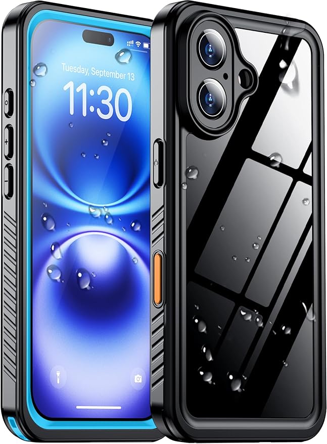 Compatible with iPhone 16 Case Waterproof, Built-in Screen & Camera Protector IP68 Underwater Full Body 16FT Military Dropproof Shockproof Phone Case 6.1"-Blue/Clear