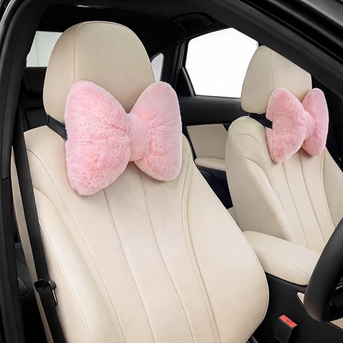 Macarrie 2 Pcs Car Neck Pillow Velvet Bow Headrest Pillow Soft Comfortable Seat Neck Support Cute Bow Car Accessories for Driving Travel Driver Chair Girl Style Interior Decor(Solid,Pink)