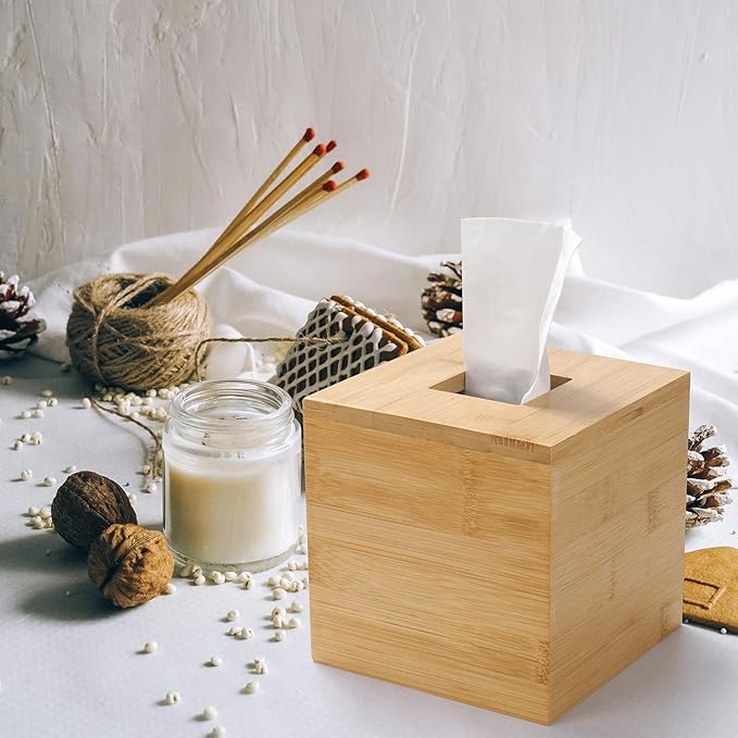 Bamboo Tissue Box Cover, Square Wood Tissue Box Holder, Wooden Facial Paper Holder for Bathroom, Bedroom, Dinner Table, Office (2 Pack, 5.7 x 5.7 x 5.7 inch)