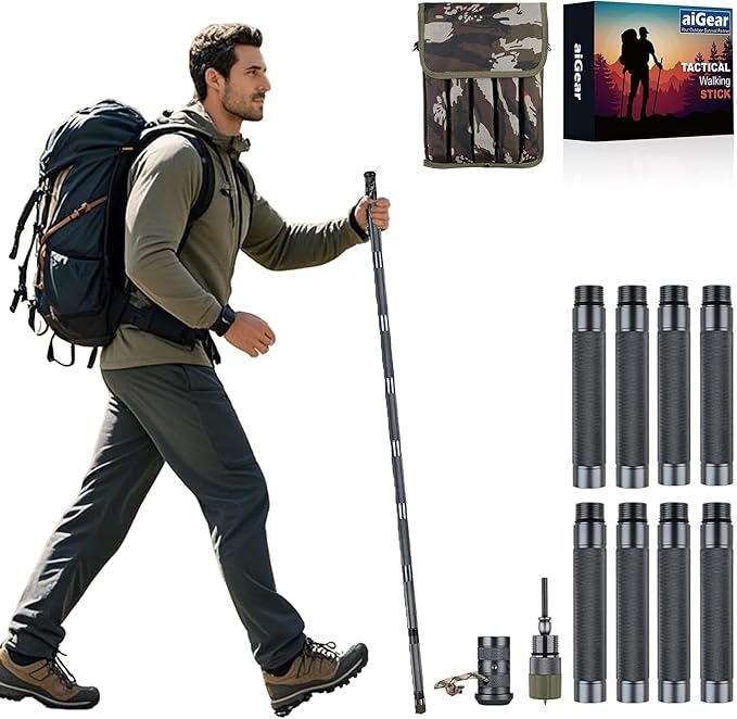aiGear H2 Survive Tactical Walking Stick Multi Tool – 7-in-1 Survival Hiking Staff, Adjustable Trekking Poles for Men, Outdoor Self Defense Stick for Camping, Hiking & Emergency (Fits 4‘9“ to 6’4”)