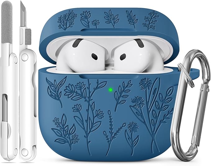 for Airpods 4 Case, Ekoonpft Flower Engraved Cases for Apple AirPods 4th Generation 2024, Soft Silicone Cover for Women Girly with 3-in-1 Cleaner Kit, Keychain, Military Grade Protection
