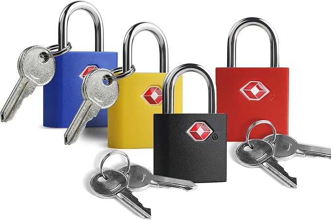 TSA Locks for Luggage with Key, Travel Luggage Locks TSA Approved 4 Pack, Small Padlock with Key, Same Keyed Mini Padlock for Suitcase, Backpack, Bag, Purse, Tent, Zipper