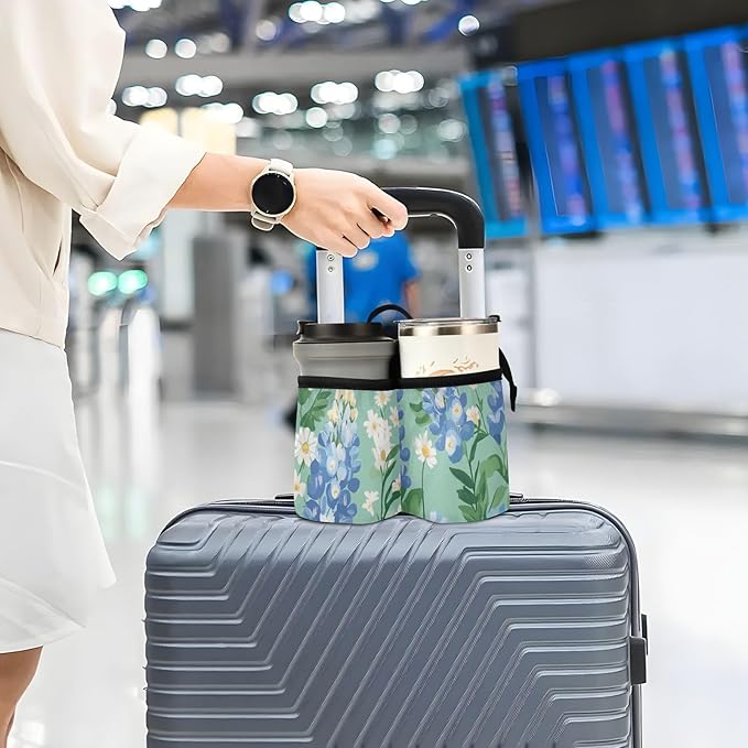 Luggage Cup Holder for Suitcases Free Hands Suitcase Cup Holder Travel Luggage Drink Holder Portable Luggage Cup Caddy Bag Carrier with Handle Mint Green Bluebonnet and Daisies