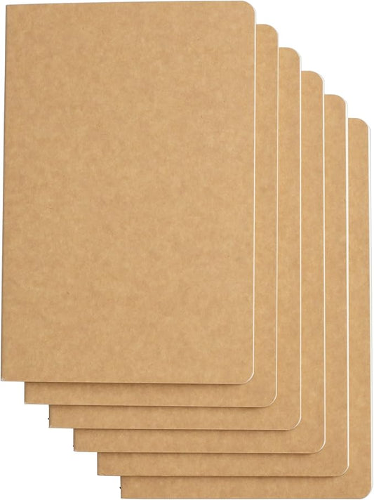 TWONE Travel Journal, 6 Pack Notebook Journal for Travelers Work School Writing Note Taking Kraft Brown Soft Cover A5 Notebooks 5.5” x 8.3”, 60 Square Grid Pages, 30 Sheets