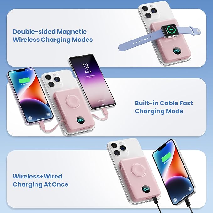 Ekrist Magnetic Portable Charger for MagSafe with Built-in Cable,iWatch Charger,Wireless Power Bank Travel Essentials,25W Fast Charging Battery Pack for iPhone 17/16/15,Apple Watch(Pink,10800mAh)