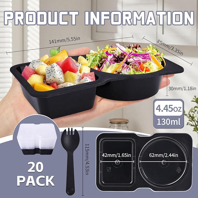 20 Pack Reusable Snack Containers with Lids - Double Compartment Condiment Snack Pack Containers with 20 Forks, Microwave Safe Portion Control Containers for Meal Prep, Take-out, Party & Travel(Black)