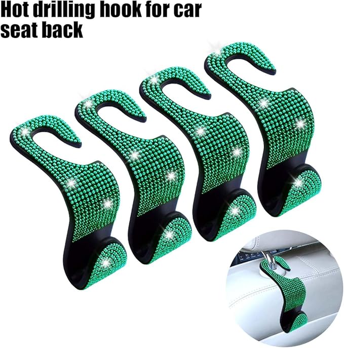 LAINLOY 4PCS Bling Car Headrest Hook, Crystal Rhinestone Back Seat Purse Holder, Car Seat Hanger Storage for Bag, Grocery, Handbag, Universal Interior Accessories for SUV Car Truck (Green)
