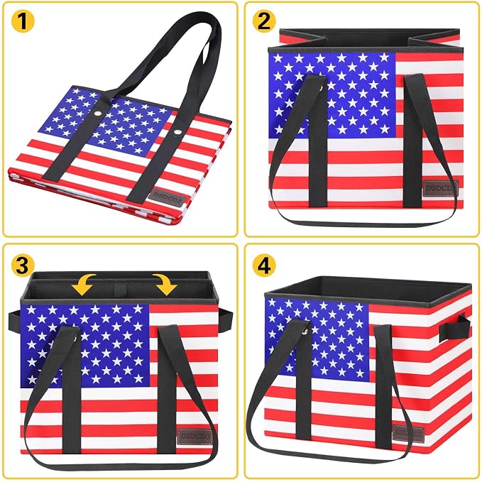 Patriotic Bags - Heavy Duty Reusable Grocery Bags with Hard Bottom & Long Handles, Foldable Reusable Shopping Bags with Box Shape to Stand Up, 3 Pack, Patriotic