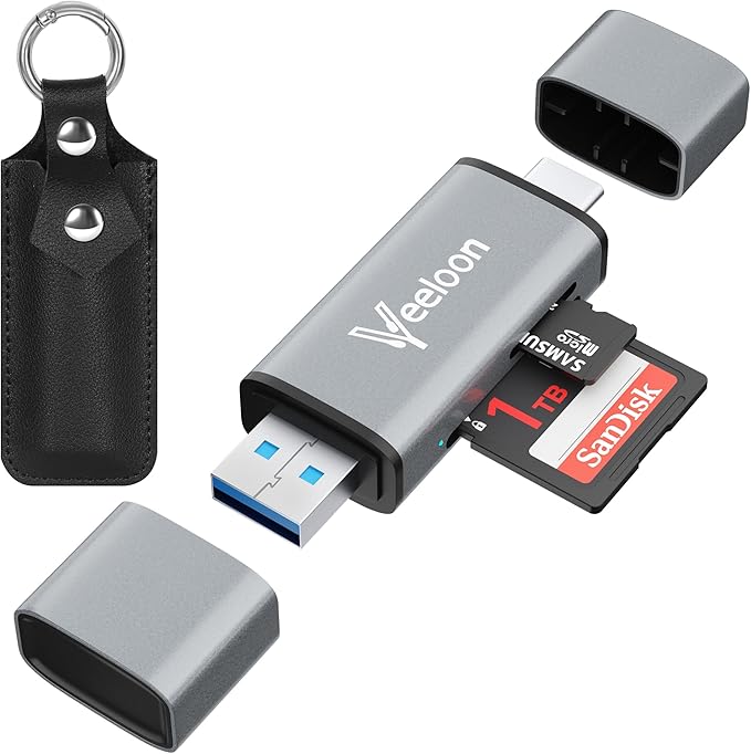 OTG SD Card Reader，Dual Slots USB 3.0 Type C to Micro SD Card Adapter, MicroSD SDHC SDXC Memory Card Viewer with Leather Carrying Case for Camera, iPhone 17 16 15 Pro/Pro Max PC MacBook Laptop