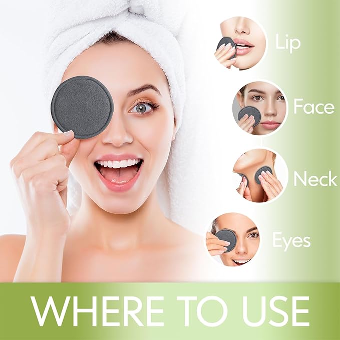 Reusable Cotton Rounds, 100% Natural Bamboo Cotton Pads for Face|Reusable Makeup Remover Pads with Laundry Bag,Headband and Cotton Round Holder (Gray)
