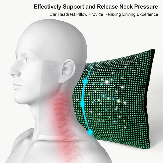 surpassme 2PCS Rhinestone Car Headrest Neck Pillow for Driving with Bling Bling Crystal Bow Pillow Car Accessories for Women (Green)