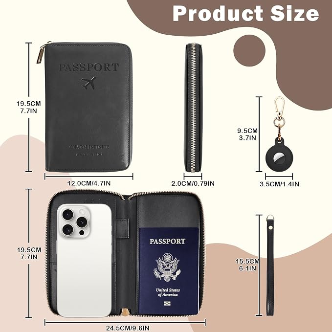 RFID Blocking Passport Wallet, Anti Theft PU Leather Passport Pouch with Tracker Case, Travel Document Organizer Zipper Wallet with Wrist Strap, Gifts for Women and Men (Black)