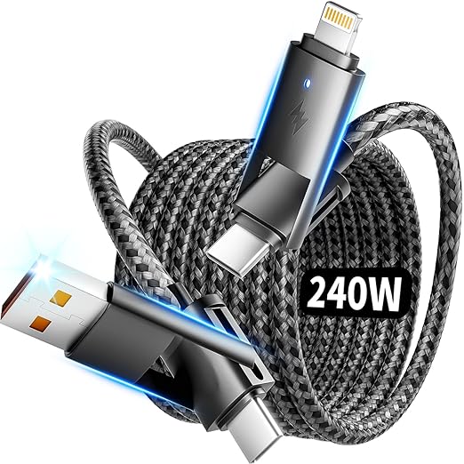240w 4 in 1 Charging Cable, Fast Charger USB C to Lightning Cable, Braided USB to USB C Cable, Travel Essential Multi Charging Cable for iPhone 16/15/14 Series/Pad/MacBook/Galaxy/Laptops and More[5FT]