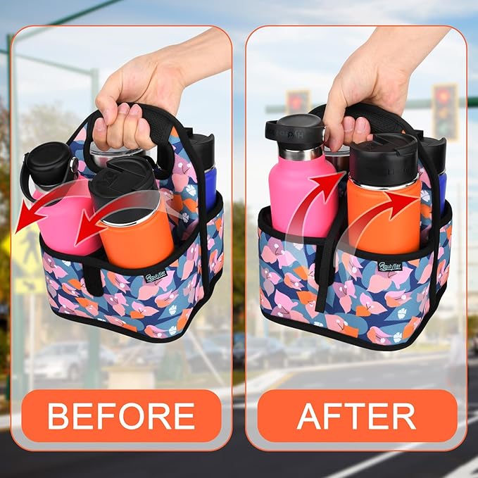 Beautyflier Reusable Insulated Coffee Cup Carrier, Portable Drink Holder with Handle Organizer Tote Bag for Hot & Cold Drinks (Bougainvillea)