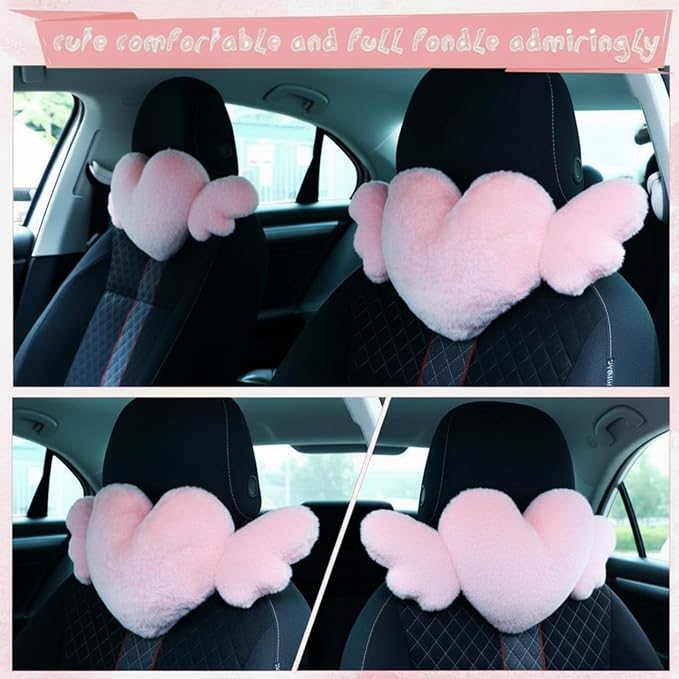 Macarrie 2 Pcs Plush Heart Shaped Pillow with Angel Wings Car Headrest Soft Comfortable Seat Pillow for Driving Travelling Room Office Car Decor, 19.7 x 8.3 Inch(Pink)