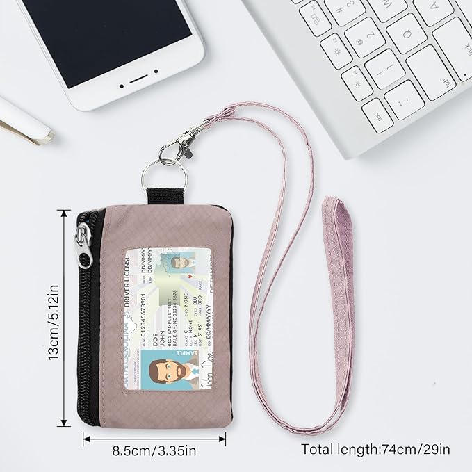 Minimalist RFID Wallet with Lanyard, Multi-Functional ID Case with 2 Zipper Pockets and Key Chain for Men and Women, Tactical Badge Pouch Cards Holder, Coin Purse for Travel Sports - Gray&Pink