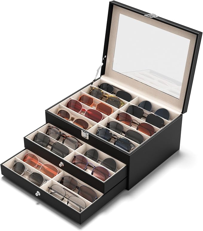 NEWLOOP 10/30 Slots Sunglass Organizer for Multiple Pairs of Eyeglass See-through Display Case Storage Box for Women Men