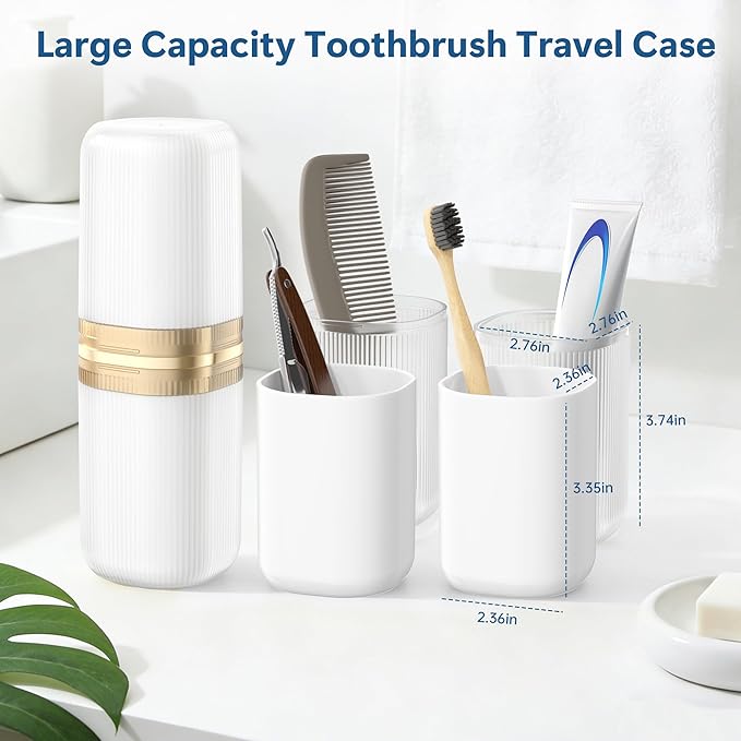 Quatish 4-in-1 Toothbrush Travel Case, Portable Toothbrush Holder with 4 Rinse Cups, Large-Capacity Storage for Toothbrush & Toothpaste, Ideal for Travel, Home, Camping, Gym, Business Trip (White)