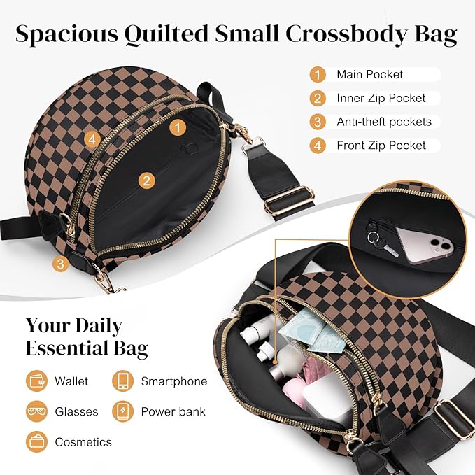 Spacious Nylon Checkered Crossbody Bum Bag for Women, Fashion Checkerboard Fanny Pack Purse with Anti-theft Pocket, Adjustable Wider Strap Wasit Bag (Black-Brown)