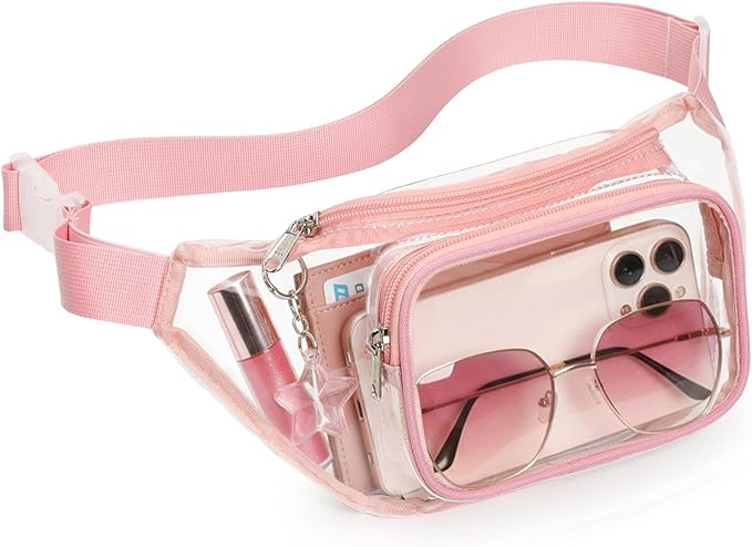 Veckle Clear Fanny Pack Stadium Approved - Adjustable 33-47 Inch Strap, Transparent Belt Bag for Women Men Fits 7.5-inch Smartphone, Waist Bag Clear Bag for Stadium Events, Sport, Concerts, Rose Pink