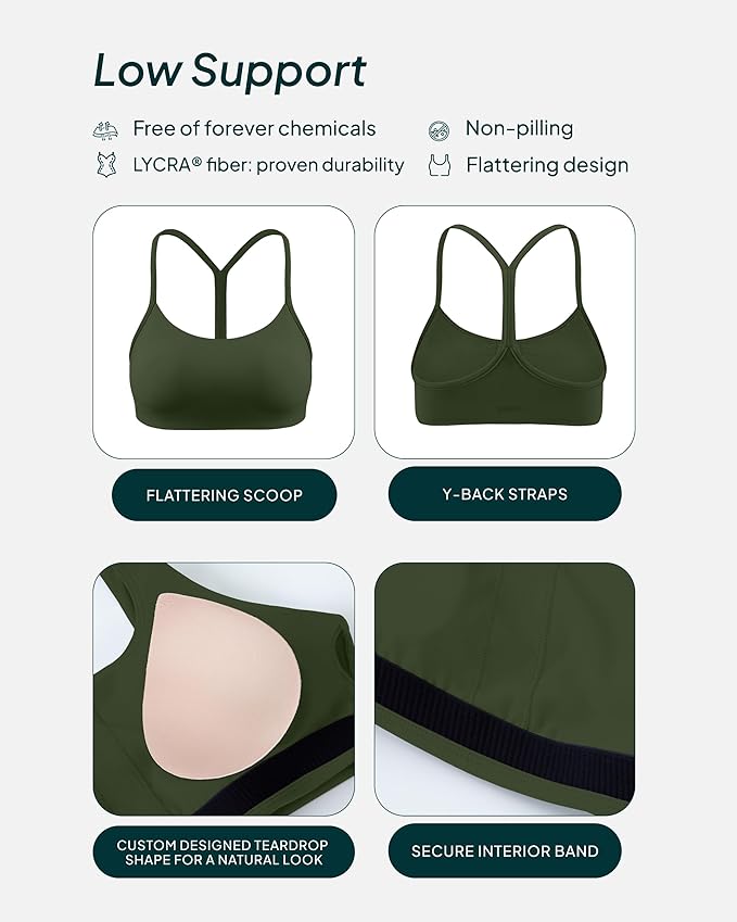PAVOI ACTIVE Yoga Racerback Bras for Women - Buttery Soft Low Support Scoop Neck Y-Back Thin Strap Sports Bra - FlexFlow