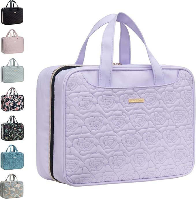 Everfun Travel Toiletry Bag with Hanging Hook and Leakproof Wet/Dry Compartments, Large Capacity Makeup Cosmetic Organizer for Women, 12x9x4.5 Inch, Light Purple
