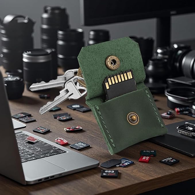 Jack&Chris Genuine Leather SD Card Holder Keychain, Anti-Shock Anti-Dust SD Card Case, Portable Camera Accessories for SD CF CFexpress Micro SD Nano SIM and Micro SIM Cards, Green 4 Packs