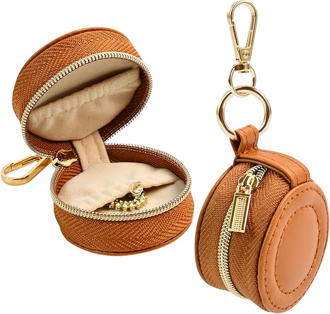 Portable Ring Keychain Holder for Gym and Travel - Jewelry Holder for Sports Bag, Compact Ring Earring Necklace Storage Case (brown)