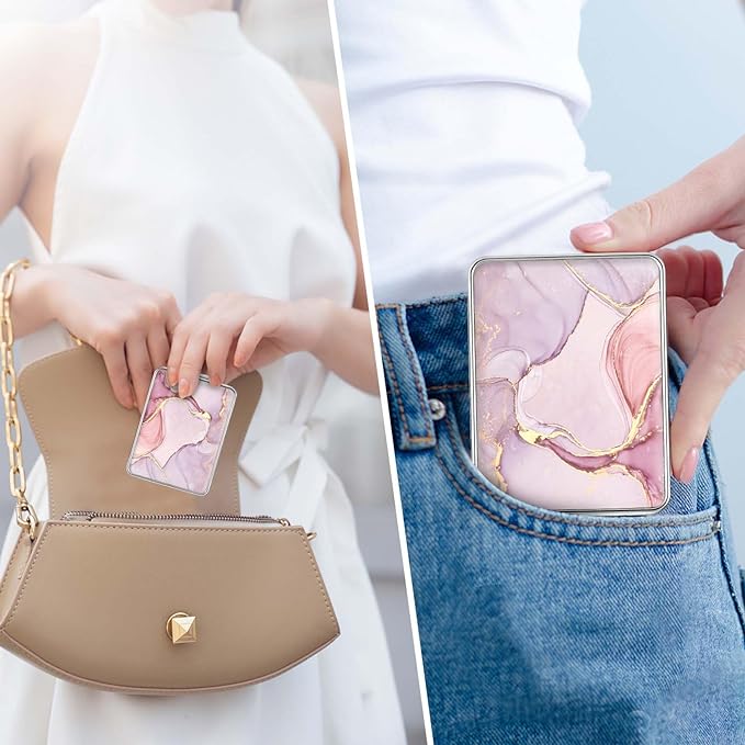 Pocket Mirror, Small Travel Mirror with Magnification, Portable Double-Sided Magnifying Cosmetic Mirror for Daily (Pink Marble)
