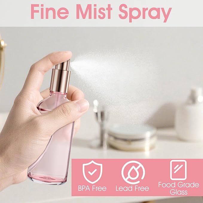 10 Pack 3.4 Oz Pink Glass Spray Bottles, Refillable Fine Mist Atomizers with Rose-Gold Caps, Empty Perfume Bottles for Essential Oils, Body Sprays, Travel