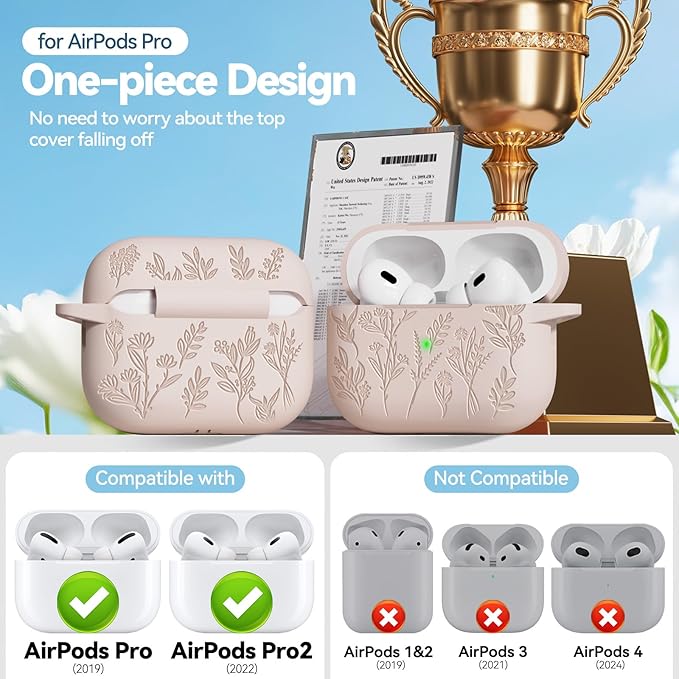 Flower Engraved Case for Apple AirPods Pro 2nd/1st Generation, Soft Silicone AirPods Pro 2 Gen Protective Case Cover for Women Airpod Case with Clean Kit,Carabiner,Front LED Visible,Sand Powder