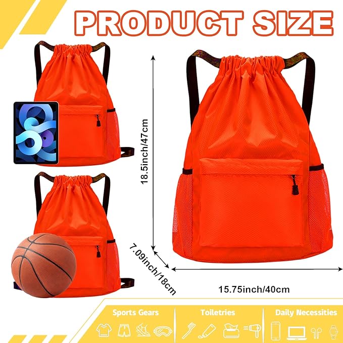 Tygelluis Drawstring Backpack, Waterproof Gym Bag with Water Bottle Pocket for Women Men, Pull String Sport Bag for Swim, Soccer and Basketball,Orange