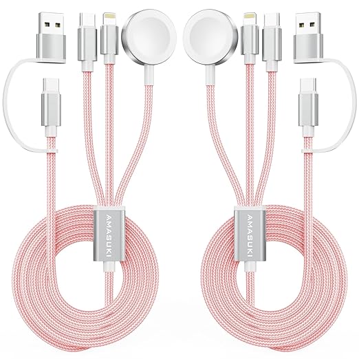 2Pack Travel Essentials,3 in 2 USB C Cable for Apple Watch Charger,iPhone Charger,Multi Charging Cable,Cruise Vacation Camping,Portable for iWatch Series 11-2/Ultra/SE & iPhone 17-12,Car,Pink