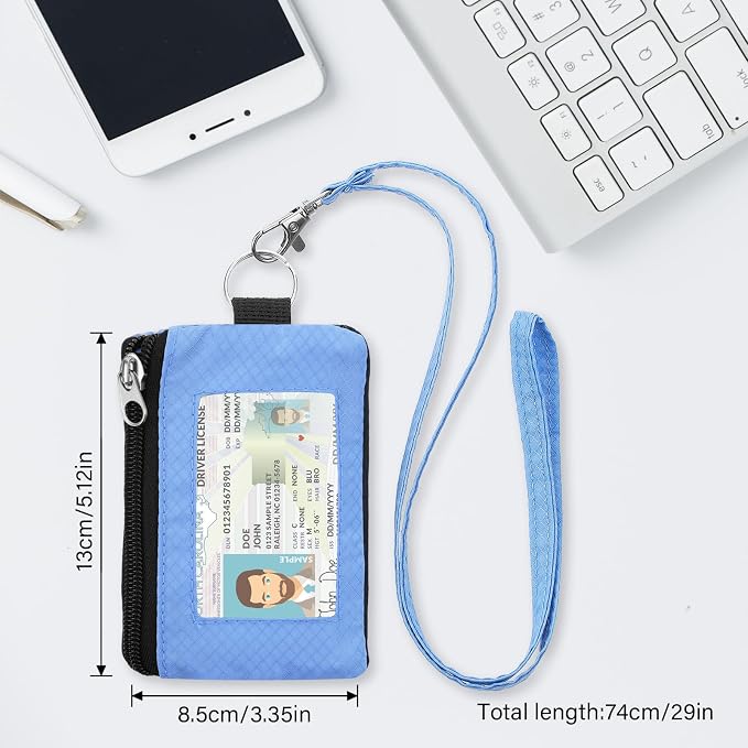 Minimalist RFID Wallet with Lanyard, Multi-Functional ID Case with 2 Zipper Pockets and Key Chain for Men and Women, Tactical Badge Pouch Cards Holder, Coin Purse for Travel Sports - Green&Blue