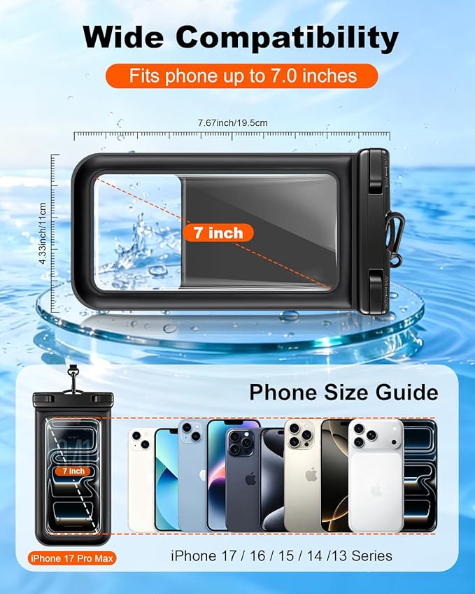 Floating Waterproof Phone Pouch 2 Pack, IP68 Waterproof Phone Case with Lanyard for Phones up to 7 Inches, for iPhone 17 16 Pro Max, Cellphone Dry Bag for Beach Pool Kayak Cruise Travel Essentials