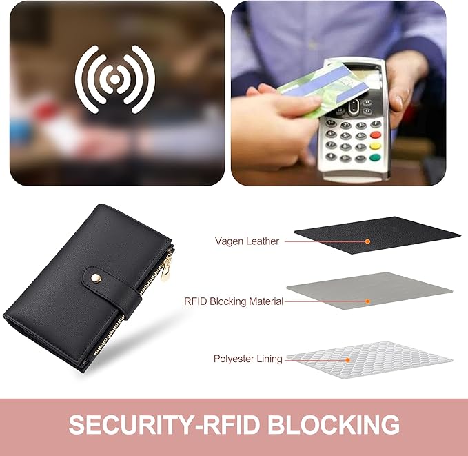 yiijay Wallet Women RFID Blocking Leather Trifold Clutch Wallet Credit Card Holder Ladies Travel Wallet Purse with Pen Holder