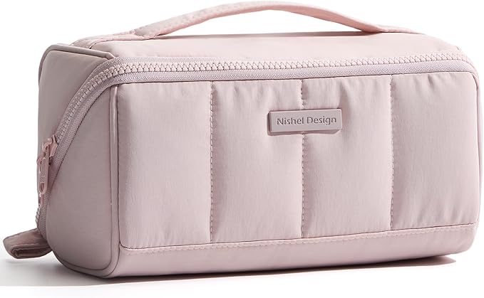 NISHEL Travel Makeup Bag for Women, Fluffy & Lightweight Open Flat Cosmetic Organizer with Multiple Functional Divider for Brush Independent Storage, Handle for Easy Portability, Pink