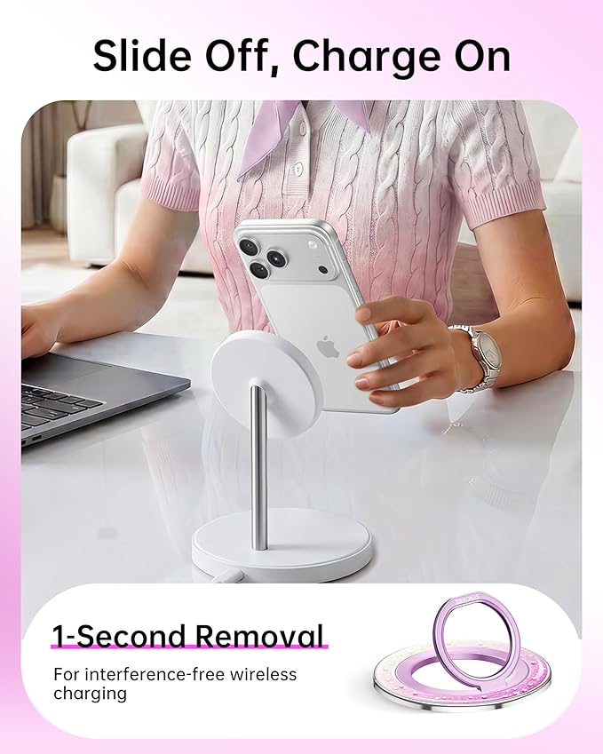 SYNCWIRE Magnetic Phone Ring Holder for MagSafe - Phone Grip Stand with 360° Rotation Finger Ring Kickstand Compatible with iPhone 17 16 15 14 13 12 Pro Max MagSafe Accessories,Galaxy Pink