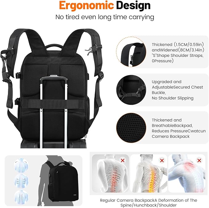 Cwatcun DSLR Camera Backpack，Large DSLR Camera Bag with 17" Laptop Compartment, Waterproof & Tripod Ready
