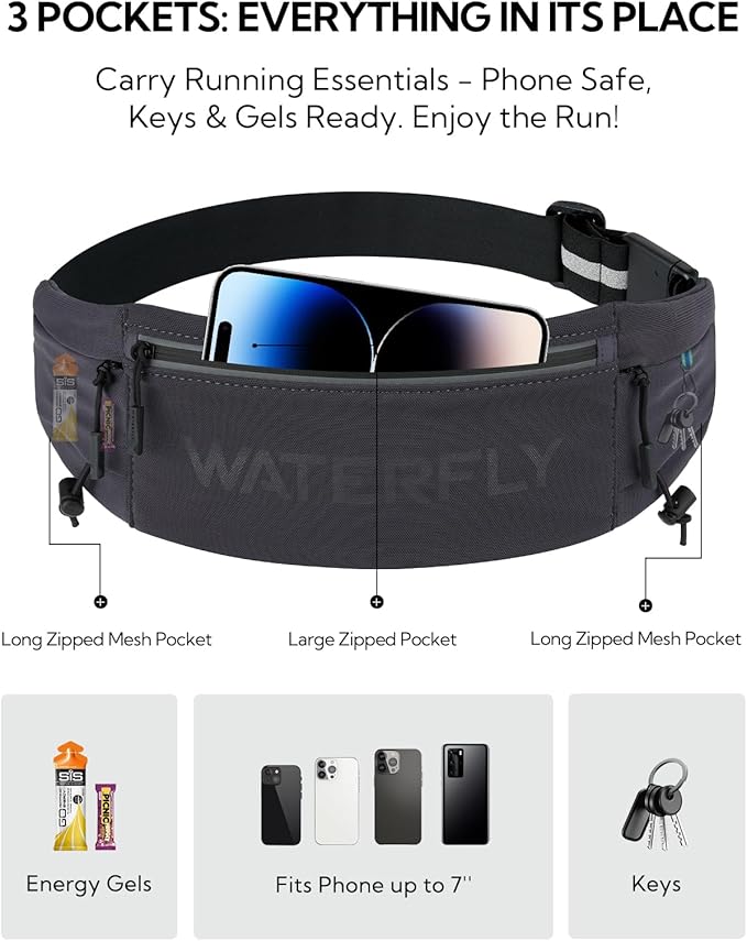 WATERFLY Running Belt Fanny Pack: Breathable 3 Pocket Waist Bag for Men Women Workout Exercise Fitness Phone Holder Fits All Phones - Runner Marathon Jogging Race Belt with Bib Clip Dark Gray