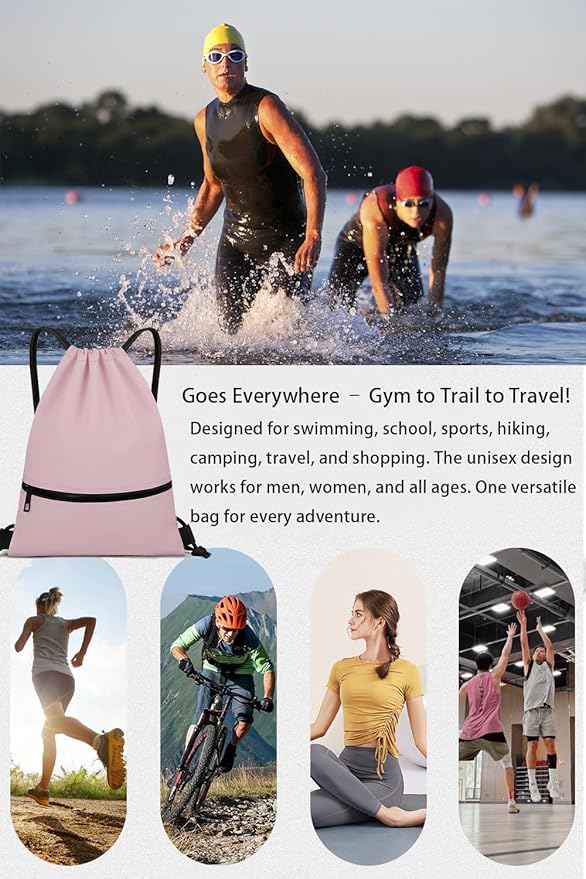 Water-Resistant String Bag for Women Men with Shoes Compartment and Zippered Pocket for Soccer, Basketball, Swim (Pink, 16.5 * 19 inches)