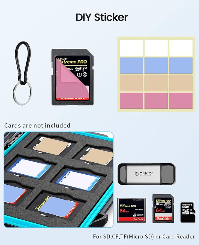 ORICO 24 Slots SD Card Case Holder Water Resistant & Anti-Shock Memory Card Case for SD/Micro SD SDXC SDHC TF Card Carrying Storage Organizer Protector Cover with Labels&Carabiner