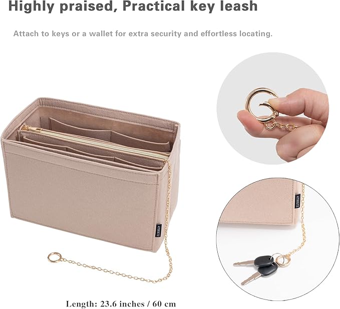 Purse Organizer Insert, Handbag Organizer with Zipper, Tote Shaper with Cup Holder & Keychain, Compatible with LV, Neverfull, MK, COACH, Longchamp, Kate Spade – Khaki-XL