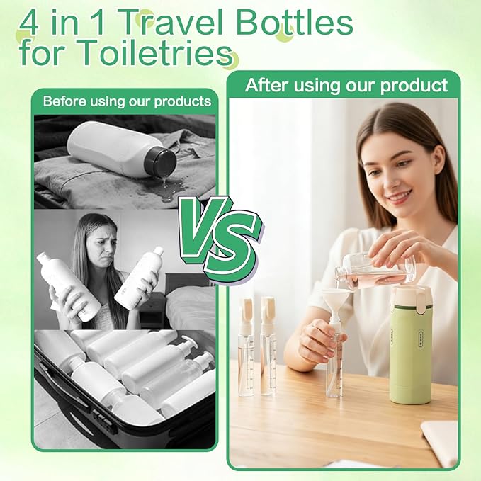 4 in 1 Travel Dispenser Bottle Flying Essentials Camping Toiletries Pump Leak Proof Size Portable Containers Refillable for Shampoo Lotion Creams Body Wash Conditioner Attached Label (Green)