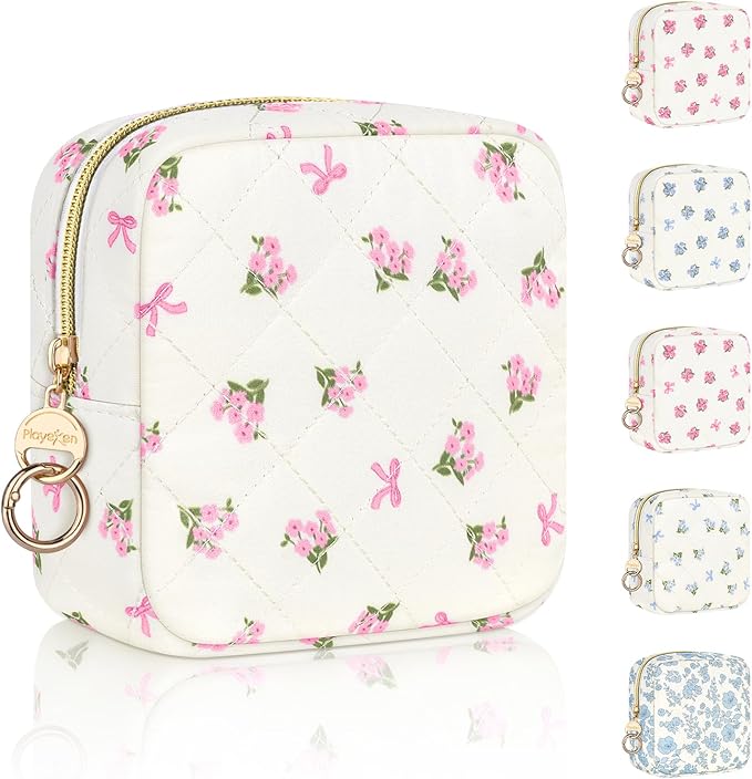 Floral Period Bag, Small Period Pouches for Teen Girls, Quilted Sanitary Napkin Storage Bag, Compact Discreet Pad and Tampon Holder for Purse (Floral-Pink)