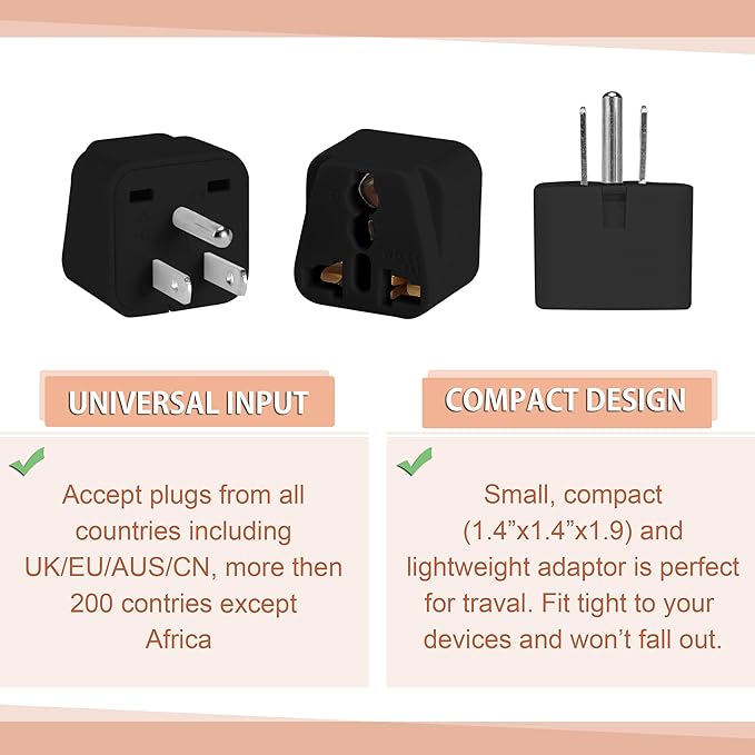 Bates- Universal Travel Plug Adapter, 2 Pack, Converts EU/UK/AU/Asia Plugs to USA Outlet, Europe to US Plug Adapter, UK to US Outlet, Compact Design for Home, Office