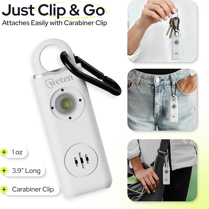 Personal Alarm for Women Safety - 130dB Loud Rechargeable Keychain Siren - LED Light, Carabiner Clip, Low Battery Alert, USB-C Charging TSA Safe Self Defense Alarm by Weten (White)