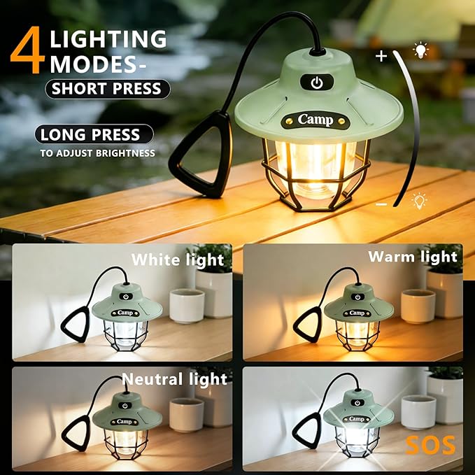 Camping Lantern Rechargeable，1200 Lumens LED Tent Light with 4 Light Modes, USB Portable Outdoor Flashlight for Camping, Hiking, Emergencies, Power Outages, SOS (Light Green)