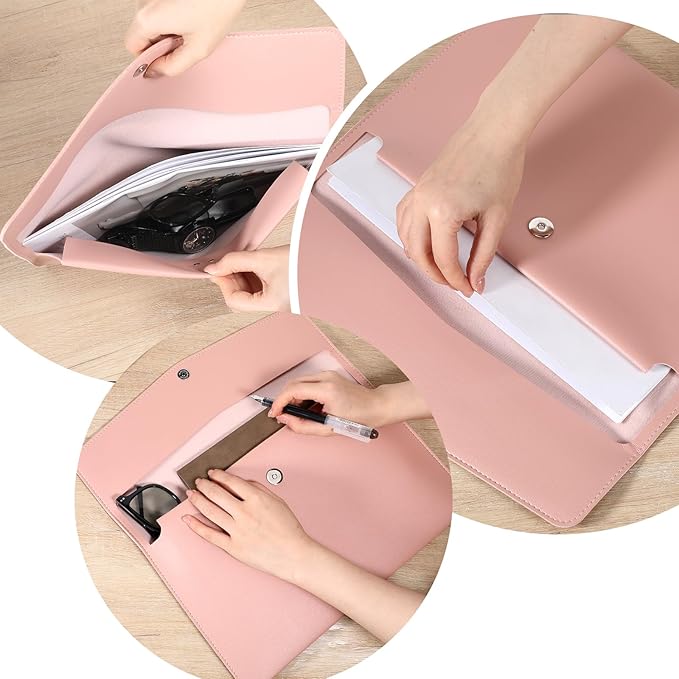 Leather Document Folder, A4 File Document Holder Waterproof Portfolio Envelope PU Leather Folder Case with Snap Button Closure for Letter Size, Travel, Resume, Pink