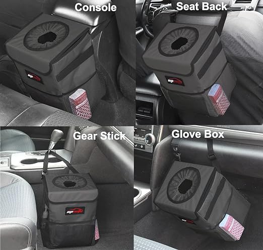 EPAuto Waterproof Car Trash Can with Lid and Storage Pockets, 2.5 Gallon Leakproof, Dark Gray